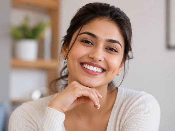 Young woman with a bright, freshly cleaned smile after scaling and polishing at Oral Edge, Thanisandra, Bengaluru