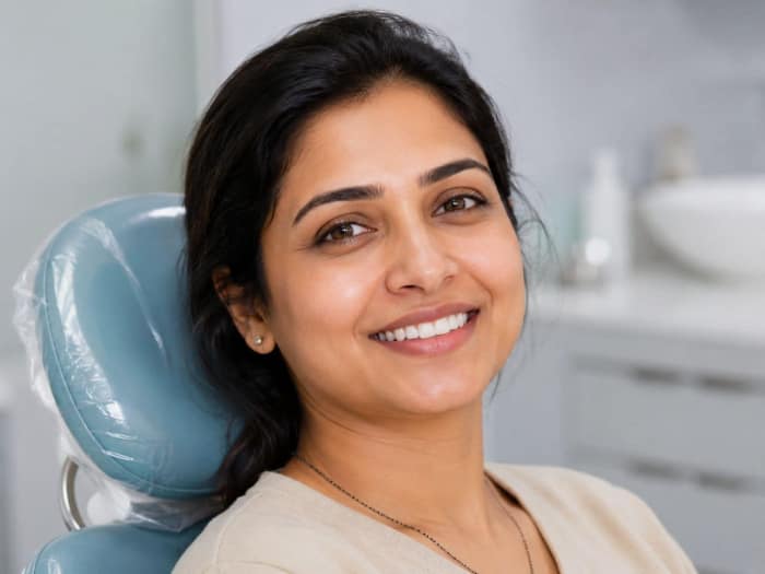 Relaxed adult patient smiling comfortably after a gentle tooth extraction at Oral Edge, Thanisandra, Bengaluru